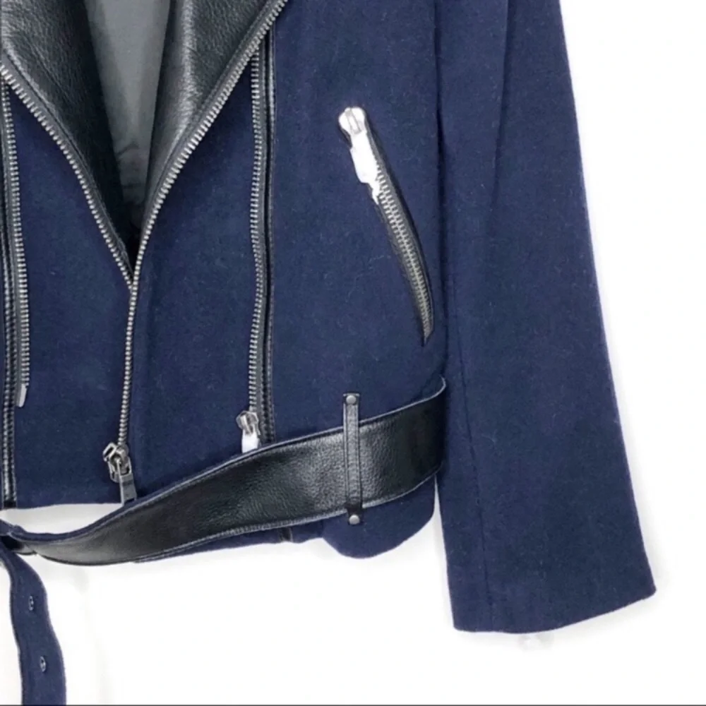 NWT JOIE FAYANA WOOL- LEATHER COZY NAVY MOTO JACKET - Picture 7 of 13